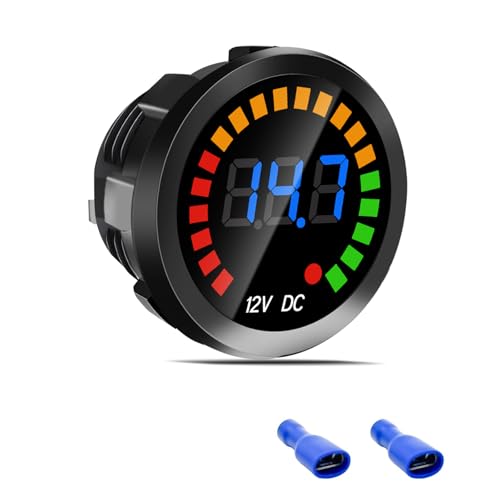 Waterproof DC 12V Voltage Meter, LED Digital Display Voltmeter Gauge Panel, Round Battery Monitor with Wires & Terminals & Srews, for Marine Car Automotive Vehicle Truck Boat RV ATV UTV, Short Body - color: Light black, size: 1P