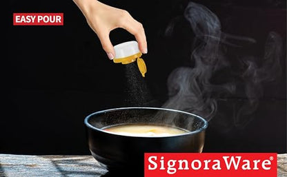 SIGNORAWARE Salt and Pepper Shakers Moisture Proof Set of 2 Small Mini Salt Shaker to go Camping Picnic Outdoors Kitchen Lunch Boxes Travel Spice Set Clear with Red Covers Plastic Airtight Dispenser - color: Yellow