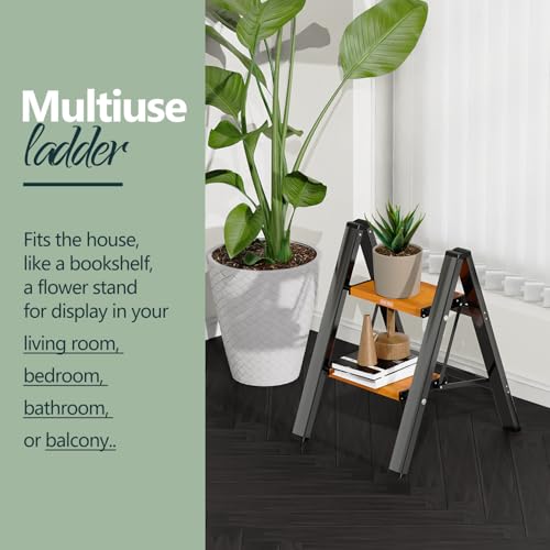 WOA WOA Step Ladder, Widening Pedals for Extra Balance, Lightweight Step Stool, Easy to Move Around, Foldable Ladder, Space Saving, Anti-Slip Stepladder 300 lbs Capacity (2 Step, Black & Wood Grain) - color: Black & Wood Grain, size: 2 Step