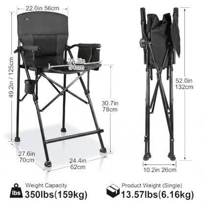 LANMONTAIN 2 Pack Tall Folding Camping Chairs,30.7'' Seat Height Portable Hard Arm Bar Chairs w/Cup Holder,Side Mesh Pocket and Footrest,Heavy Duty Support 350 Lbs Comfy Director Chairs,Dark Grey - color: Dark Grey&grey 2 Pack