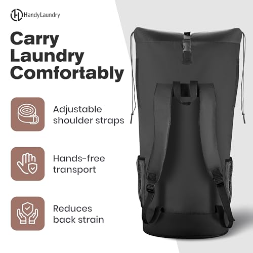 Laundry Backpack - XL Heavy Duty Laundry Bag Holds 3-4 Loads - Adjustable Straps, Drawstring Closure, Pockets & Handles - Durable Hamper for College, Travel & Laundromat - Black