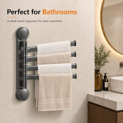 Swivel Towel Rack, 4-Arm Suction Cup Towel Holder, Thicken Aluminum Swing Out Towel Bar, Rustproof Space Saving Towel Hanger for Bathroom and Kitchen (Gun Grey)