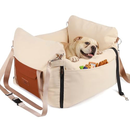 Dog Car Seats for Small Dogs, Waterproof Puppy Car Seat with Side Handles and Large Pockets, Clip-On Safety Leash and PP Cotton Filling, Pet Booster Seat for Small Dog up to 25lbs (Apricot) - color: Apricot