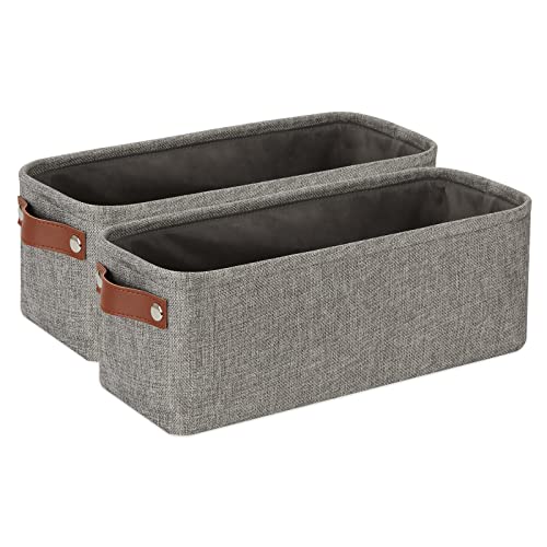 DULLEMELO Soft Cotton Fabric Bathroom Storage Baskets 2 Pack Fabric Shelf Baskets for Gifts Empty Small Storage Organizer for Closet,Toys,Bedroom (Grey) - color: Grey-Leather Handles, size: Narrow-15"x6"x5.5"