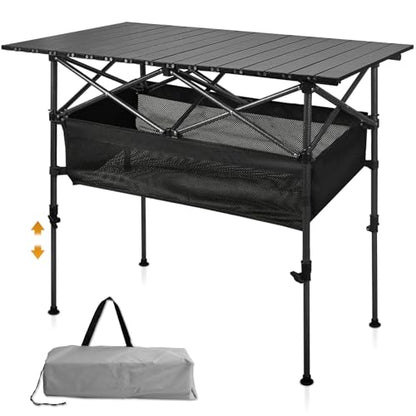 Folding Camping Table, Outdoor Roll-up Table Height Adjustable & Portable Metal Camp Grill Table for Picnic, BBQ, Party, Backyard, Beach, Mesh Storage and Carry Bag (Ash Black, 47.24'' X-Large) - size: 47.24'' X-Large
