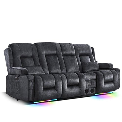 TUNYI Power Loveseat Recliner Sofa with Massage & Heat Home Theater Seating with Console RV Recliner Loveseat Sofa with USB/Storage/Side Pocket/LED Light/Speaker (Grey, 3 Seat with Console) - color: Grey, size: 3 Seat with console