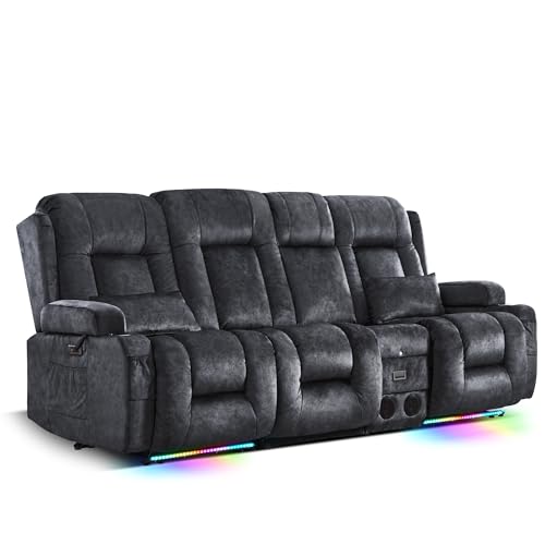 TUNYI Power Loveseat Recliner Sofa with Massage & Heat Home Theater Seating with Console RV Recliner Loveseat Sofa with USB/Storage/Side Pocket/LED Light/Speaker (Grey, 3 Seat with Console) - color: Grey, size: 3 Seat with console