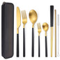 AARAINBOW 6 Pieces Stainless Steel Flatware Set Portable Reusable Cutlery Set Travel Utensils Set Including Chopsticks Knife Fork Spoon Straws Cleaning Brush Dishwasher Safe (B-Black golden) - color: B-Black golden