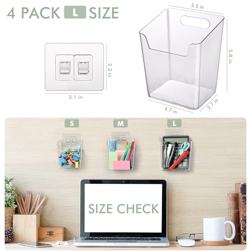 Clear Adhesive Wall Storage Bins, 4 Pack Cabinet Door Organizer Holders, Hanging Wall Mount Pockets, Plastic Cups for Shower Bathroom Makeup Office Craft Remote Kitchen Sink RV Organization (Large) - size: Large