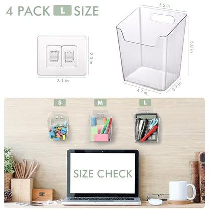Clear Adhesive Wall Storage Bins, 4 Pack Cabinet Door Organizer Holders, Hanging Wall Mount Pockets, Plastic Cups for Shower Bathroom Makeup Office Craft Remote Kitchen Sink RV Organization (Large) - size: Large