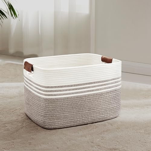 45L Small Laundry Basket with Leather Handles for Living Room Storage, Woven Rope Baskets Bin for Blanket, Kids Toy, Gifts, Wicker Hamper for Bedroom Dirty Clothes, 18"x14"x11" Dark Brown - color: Dark Brown, size: 45L