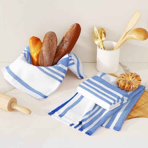 Homaxy Premium Kitchen Towels 18”x 28”, Large Cotton 380 GSM Kitchen Hand Towels, Stripe and Terry Dish Towel, Highly Absorbent Tea Towel Set with Hanging Loop, 6 Pack, Blueberry - color: Blueberry Stripe, style: 6-pack