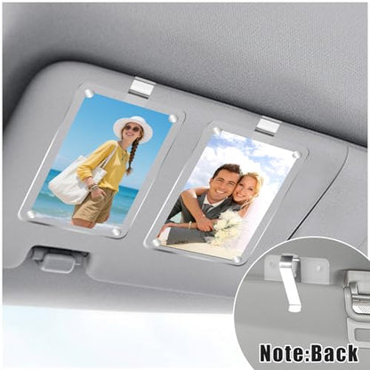 2 Pcs Car Sun Visor Photo Holder, Acrylic Magnetic Car Picture Holder with Visor Clips, Transparent Personalized Frame for Family Photos, Universal Fit for All Vehicles