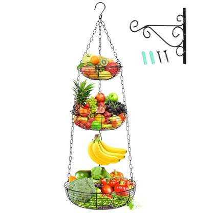HULISEN 3 Tier Hanging Fruit Basket with Banana Hook, 36-Inch Heavy-Duty Wire Hanging Baskets for Kitchen Storage, Vegetable Produce Organizer (Including Installation Bracket)