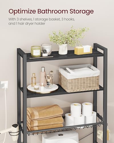 VASAGLE BARNET Collection - Over the Toilet Storage, Over Toilet Bathroom Organizer with Adjustable Shelves and Basket, 3 Hooks, Space Saving, 9.4 x 23.6 x 63 Inches, Ebony Black UBTS113BE01S - color: Ebony Black, style: 3 Tiers (63" H)