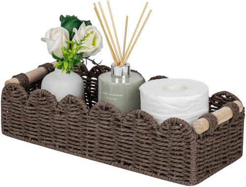 CubesLand Paper Rope Scalloped Edge Shelves Storage Basket, Woven Toilet Paper Baskets for Over Toilet Storage Shelf, Ending Table, Floating Shelves Organizing or Home Décor, with Wood Handle, Brown - color: Brown, size: m - 14 X 6.3 X 3.9in