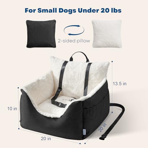 Milk and Soda Small Dog Car Seat Bed for Small Dogs Under 20 LBS with 2-Sided Pillow, Side Pockets, Clip on Leash, Machine Washable Cover, Pet Carseat Travel Carrier, Black, Small - color: Black