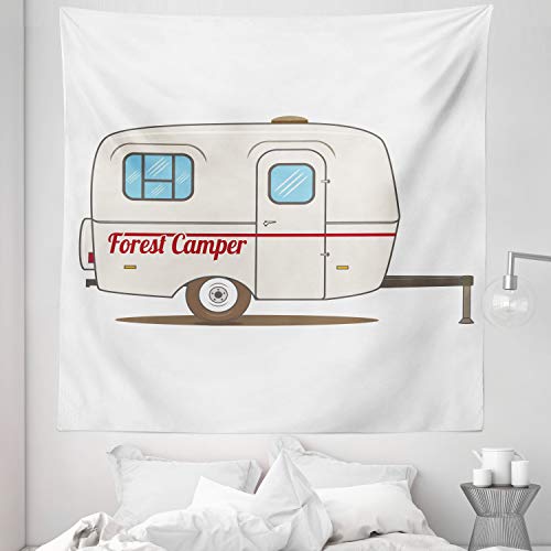 Lunarable Camper Tapestry Queen Size, Vintage Van Recreational Caravan Travelers Truck on the Road Retro Graphic Design, Wall Hanging Bedspread Bed Cover Wall Decor, 88" X 88", Beige - size: 88" X 88"