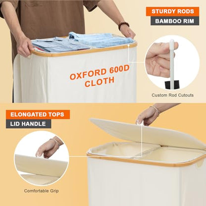 GARPROVM Double Laundry Hamper with Lid 150L Large Laundry Basket with Bamboo Handles Foldable Clothes Hampers with 2 Removable Liner Bags for Laundry for Bedroom Bathroom Dorm Laundry Room (Beige) - color: Beige