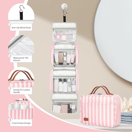 Bosidu Hanging Travel Toiletry Bag,Large Capacity Cosmetic Travel Toiletry Organizer for Women with 4 Compartments & 1 Sturdy Hook,Perfect for Travel/Daily Use/Christmas - color: M-light pink