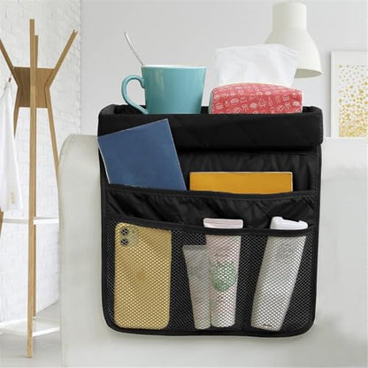 Couch Arm Tray-Couch Arm Cup Holder,Anti-Slip Chair Arm TV Remote Holder for Recliner Sofa Armchair Caddy Bedside Storage Pockets Bag for Pens, Magazines, Snacks, Glasses - color: Black