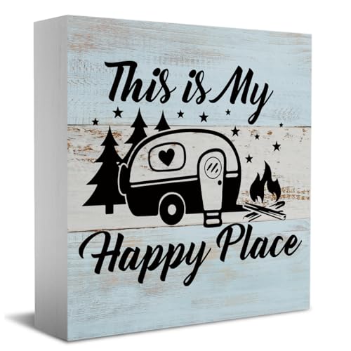 Funny Camping Gifts Desk Decor Wooden Box Sign Camping Camper Accessories Decor Rustic Wood Block Plaque Box Sign for Camper Traveler Home Farmhouse Shelf Table Decoration This Is My Happy Place Sign - color: Multi654