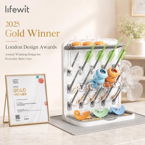Lifewit Large Baby Bottle Drying Rack with Drain Mat & 15 Hooks, Newborn Essentials Must Haves, Bottle Storage Organizer for Countertop, Cabinet, Rack Dryer Holder for Pacifiers, Pump Parts - size: Large-15 Hooks, style: with Drain Mat