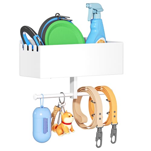 Dog Leash Holder for Wall, Dog Leash Hooks, Pet Stuff Organizer with Shelf Storage, Metal Key Holder, Leash Hangers Organizer Rack for Pet Collar, Toys, Treats, Poop Bag (White) - color: White