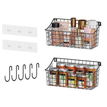 2 Pack Wall Hanging Baskets for Organizing, Large Metal Wire Basket with 5 Hooks+2 Strong Long Adhesive Hooks,Kitchen Hanging Mesh Organizer, Wall Mounted Bin for Kitchen, Bathroom, Bedroom,SUV,Garage - size: 13"L x 6.3"W x 6.02"H-2Pack