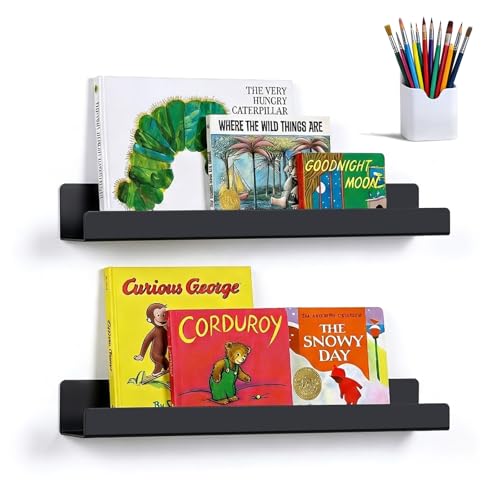2 Pack 13.5" Metal Magnetic Bookshelf for Whiteboard, Strong Reusable Magnetic Display Shelf, Holds up to 12 lbs, Storage Organizer for Classroom, Kids Room, Office, Kitchen & Garage - color: Black, size: 13.5 in