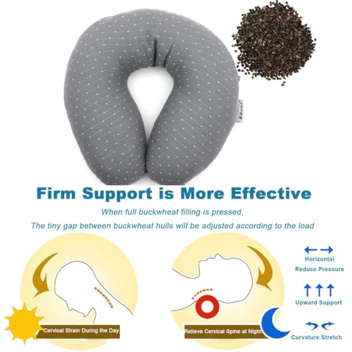 Buckwheat U-Shaped Neck Pillow Adjustable Buckwheat Hull Pillow with Pillowcase, Neck Support and Shoulder Relax Cervical Pillow (12x12 inch, Grey) - color: Grey