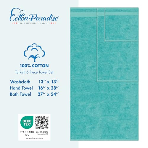 Cotton Paradise 100% Cotton Turkish Towel Set, Soft Absorbent Quick Dry, 6 Piece Towel Set, Turquoise - color: Turquoise