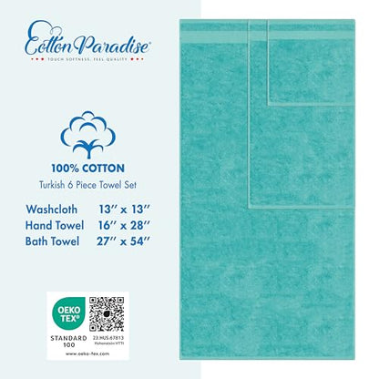 Cotton Paradise 100% Cotton Turkish Towel Set, Soft Absorbent Quick Dry, 6 Piece Towel Set, Turquoise - color: Turquoise