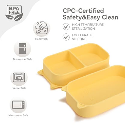 Baby Travel Essentials 6 Pc Feeding Set - Cute Cat Toddler Plates with Suction, 304 Stainless Steel Spoon & Fork, Foldable Silicone Bib in Travel Case - BPA-Free Airplane Travel Gear (Pale Yellow) - color: Pale Yellowe