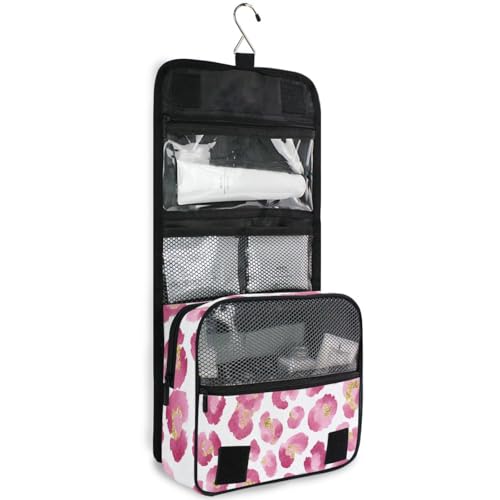 Pink Leopard Hanging Toiletry Makeup Bag Cheetah Print Toiletries Cosmetics Organizers Bags for Women Travel - color: Pink Leopard