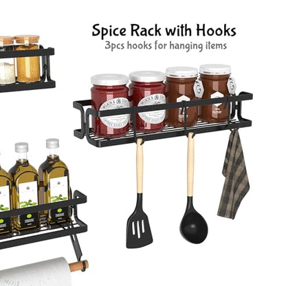 Spice Rack Wall Mount, Black, 3 Pack | Paper Towel Holder and Hooks, Screw or Adhesive Hanging, Space Saving, For Seasonings, Stove, RV, Cabinet - color: Black