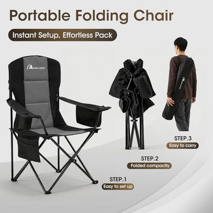 MOON LENCE Heavy Duty Camping Chair, 450LBS Capacity High Back Folding Chair with Cup Holder & Cooler Bag, Portable Outdoor Chair for Camping, Backyard, RV and Beach, 1 Pack