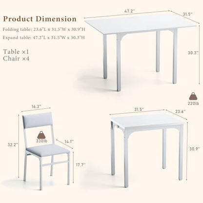 HUAHUU Dining Table Set for 4, Extendable Kitchen Table Cushion Chairs Set of 4, Rectangle Dining Table with Metal Frame & MDF Board, Folding for Small Apartment Saving Space, White - color: White