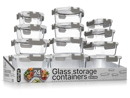 Bakken Borosilicate Glass Food Storage Containers with Lids 24 Pieces, BPA-Free Stackable Lunch & Leftover Containers, Microwave, Freezer & Dishwasher Safe, 100% Airtight Leak-Proof, Gray - color: Gray