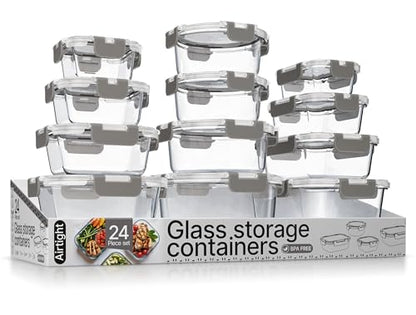 Bakken Borosilicate Glass Food Storage Containers with Lids 24 Pieces, BPA-Free Stackable Lunch & Leftover Containers, Microwave, Freezer & Dishwasher Safe, 100% Airtight Leak-Proof, Gray - color: Gray
