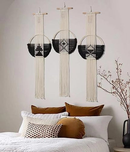 Flber Macrame Wall Hanging 3Pcs Macrame Wall Decor Macrame Wall Art Round Wall Art Handmade Boho Wall - color: Black