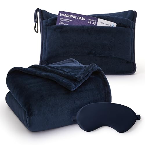 Bedsure Travel Blanket Airplane Compact with Storage Bag, Packable Blanket with Eye Mask, Lightweight 2-in-1 Travel Essentials, Functioned as Pillow for Airplane Comfort and Warmth, Navy - color: Navy