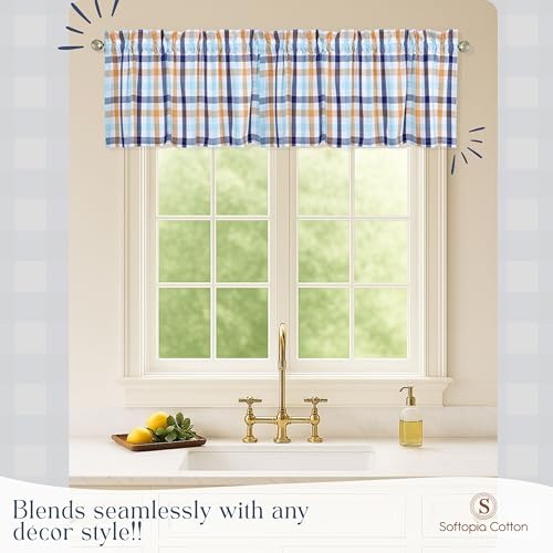 Gingham Valance Curtains, 2 Pack, 54x18 Inches, 100% Cotton Window Valances, Rod Pocket Curtain Panels for Kitchen, Bedroom, Living Room, Indigo Blue - Mustard Yellow - Aqua Blue - color: Multi Blue, Yellow, size: 18"W x 54"L (Pack of 2)