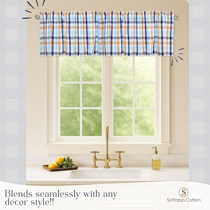 Gingham Valance Curtains, 2 Pack, 54x18 Inches, 100% Cotton Window Valances, Rod Pocket Curtain Panels for Kitchen, Bedroom, Living Room, Indigo Blue - Mustard Yellow - Aqua Blue - color: Multi Blue, Yellow, size: 18"W x 54"L (Pack of 2)