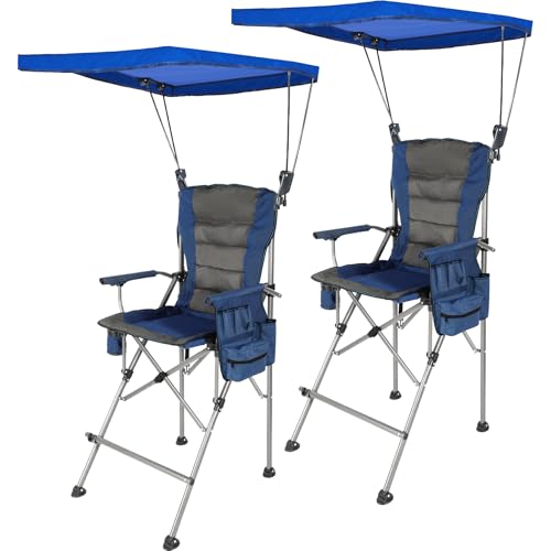Extra Tall Folding Chairs with Canopy Shade for Adults, Portable Height Foldable Director Chairs with Umbrella for Concerts Sports Events Camping Outside with High Back, Blue 2 Pack - color: Blue+canopy-2 Pack