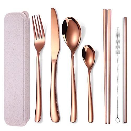 AARAINBOW 7 Pieces Stainless Steel Flatware Set Portable Reusable Cutlery Set Travel Utensils Set Including Chopsticks Knife Fork Spoon Straws Cleaning Brush Dishwasher Safe (7 Rose Golden) - color: Rose Golden