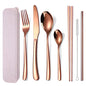 AARAINBOW 7 Pieces Stainless Steel Flatware Set Portable Reusable Cutlery Set Travel Utensils Set Including Chopsticks Knife Fork Spoon Straws Cleaning Brush Dishwasher Safe (7 Rose Golden) - color: Rose Golden