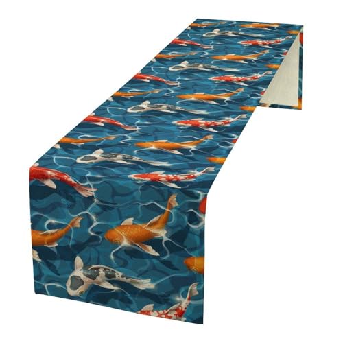 Koi Fish Table Runner Summer Pool Fishes Decor for Indoor Outdoor Party Dinner Festival Farmhouse Holiday Dining Room Home Kitchen Restaurant, 13x36in - color: Koi-blue, size: 13x36in