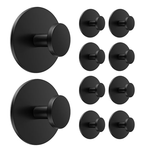 bussdis 10-Pack White Adhesive Wall Hook for Coat and Towel: Extra Sticky 12 LB (Max), Stainless Coat Rack Door Holder Hanger, Heavy Duty - color: Black, size: 10 Pack