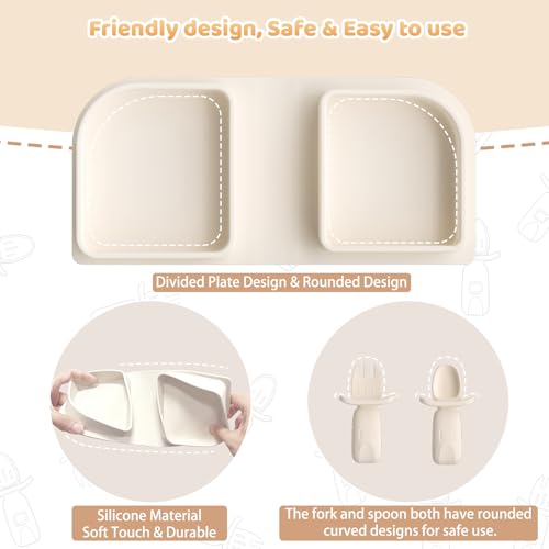 Beige Travel Silicone Foldable Feeding Set, On-the-Go Baby Feeding Supplies Including Toddler Plates, Silicone Baby Spoon&Fork, Adjustable Foldable Bib, Portable Infant Toddler Utensils - color: Beige